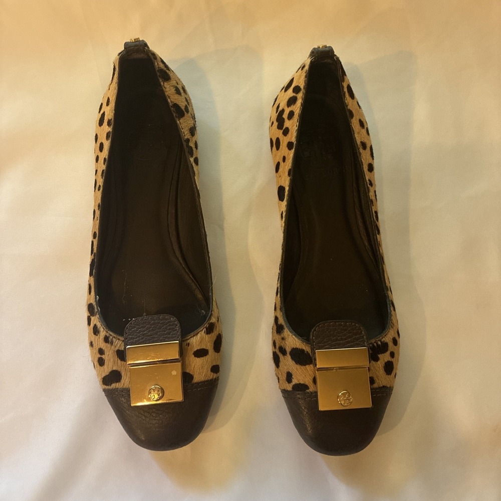 Tory Burch Black Cap-Toe LeopardCalf Hair Leather Ballet Flats Sz 6